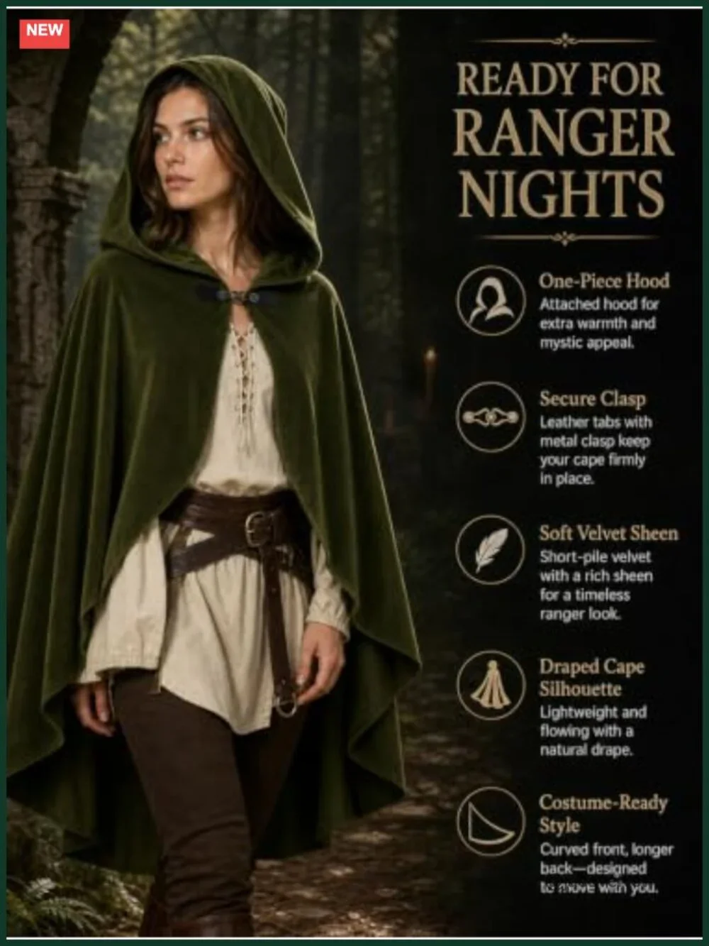 Medieval Cloak Cape Costume for Halloween Renaissance Faire, One Size
